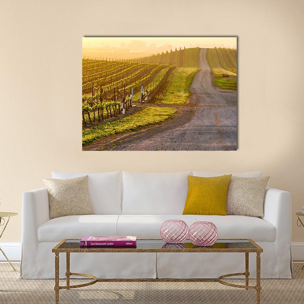 Sunrise Over Vineyard Rows Canvas Wall Art in brown, yellow and green, single panel hung on a wall