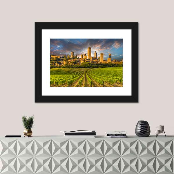 Vineyards Of San Gimignano In Tuscany Canvas Wall Art-1 Piece-Framed Print-20" x 16"-Tiaracle