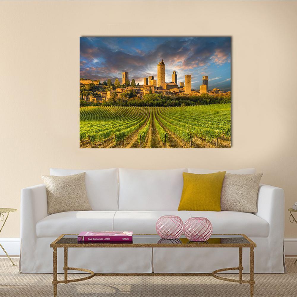 Vineyards of San Gimignano, Tuscany Canvas Wall Art in yellow, green and blue, single panel hung on a wall