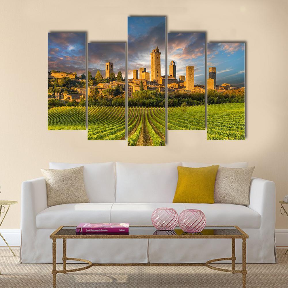Vineyards Of San Gimignano In Tuscany Canvas Wall Art-5 Pop-Gallery Wrap-47&quot; x 32&quot;-Tiaracle