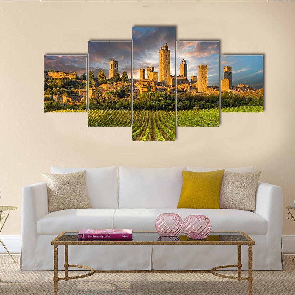 Vineyards Of San Gimignano In Tuscany Canvas Wall Art-5 Star-Gallery Wrap-62&quot; x 32&quot;-Tiaracle