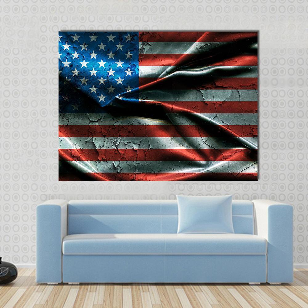 Vintage American Flag Canvas Wall Art in white, red and blue, single panel hung on a wall