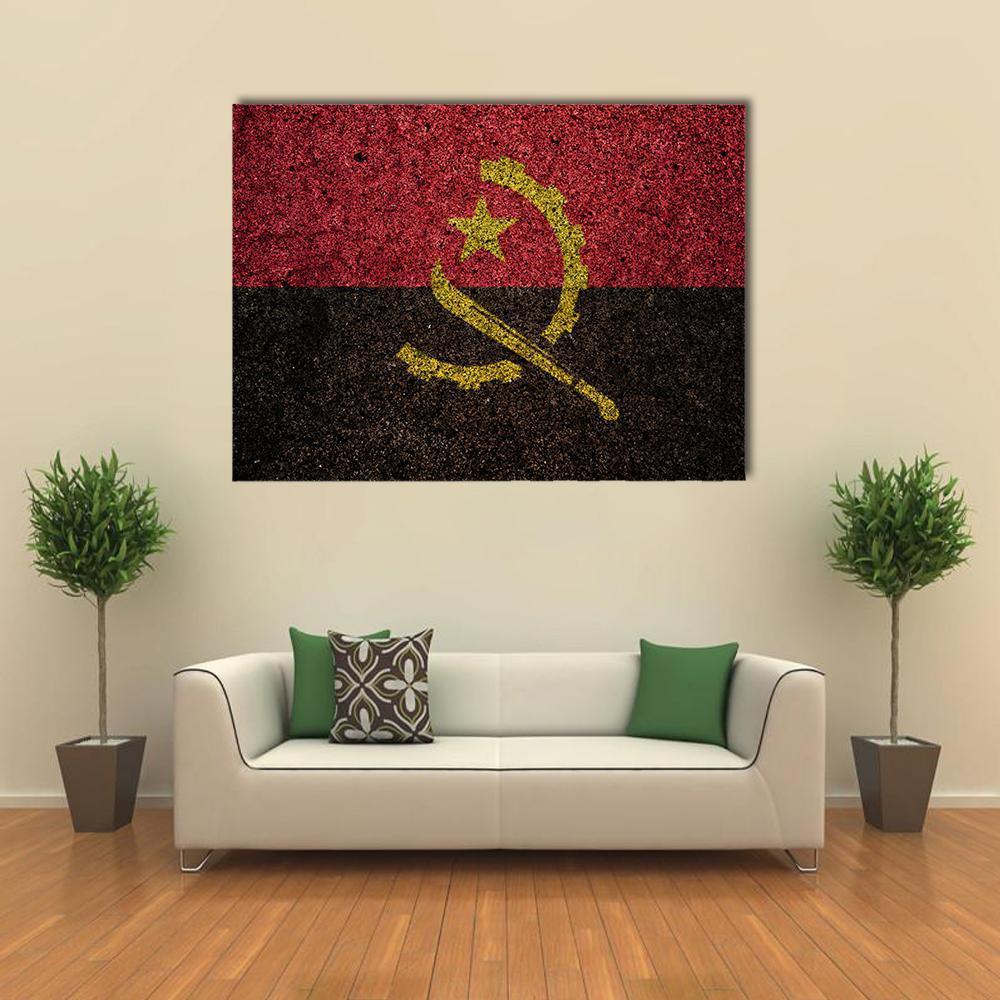 Vintage Angola Flag Canvas Wall Art in black, red and yellow, single panel hung on a wall