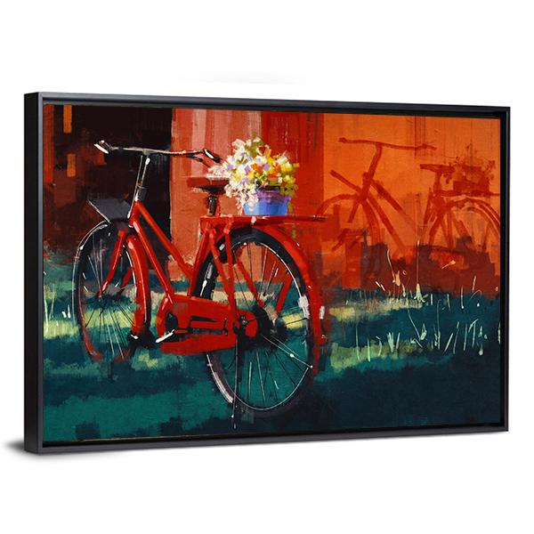 Vintage Bicycle With Bucket Full Of Flowers Canvas Wall Art-3 Horizontal-Gallery Wrap-25" x 16"-Tiaracle