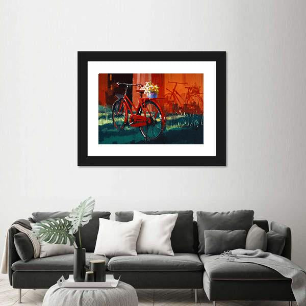 Vintage Bicycle With Bucket Full Of Flowers Canvas Wall Art-3 Horizontal-Gallery Wrap-25" x 16"-Tiaracle