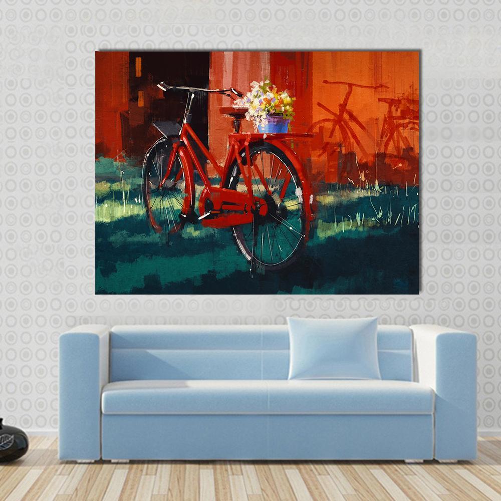 Vintage Bicycle With Bucket Full Of Flowers Canvas Wall Art-1 Piece-Gallery Wrap-48" x 32"-Tiaracle