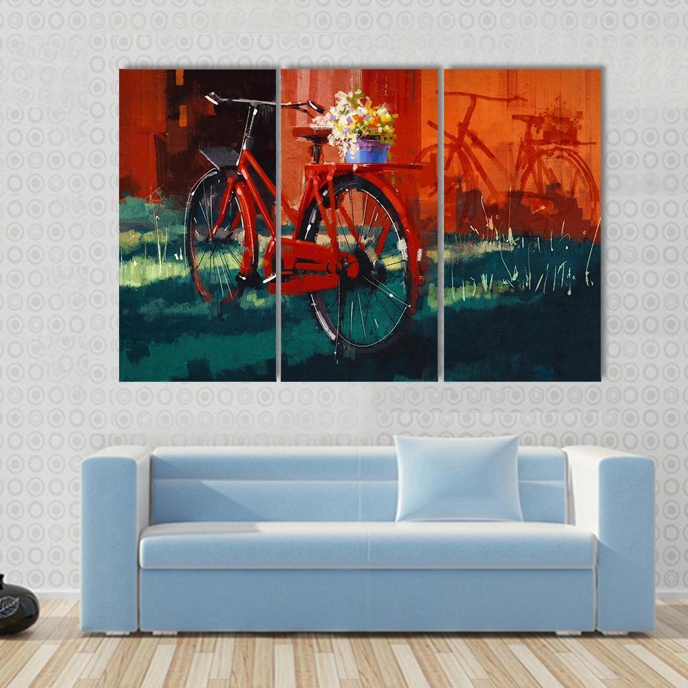 Vintage Bicycle With Bucket Full Of Flowers Canvas Wall Art-3 Horizontal-Gallery Wrap-37" x 24"-Tiaracle
