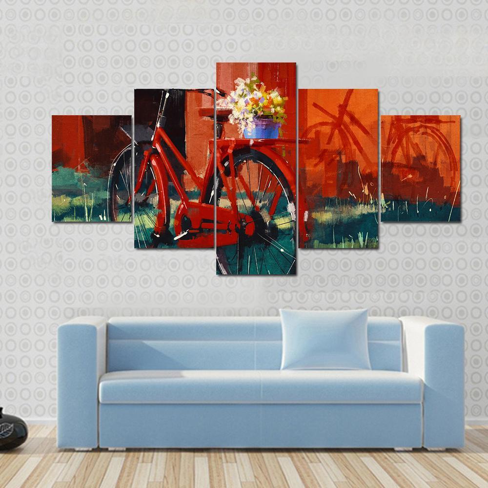 Vintage Bicycle With Bucket Full Of Flowers Canvas Wall Art-1 Piece-Gallery Wrap-48" x 32"-Tiaracle