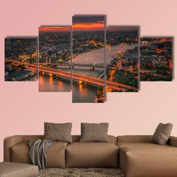 Vintage Bridge With Sunset Sky Canvas Wall Art-5 Star-Gallery Wrap-62" x 32"-Tiaracle