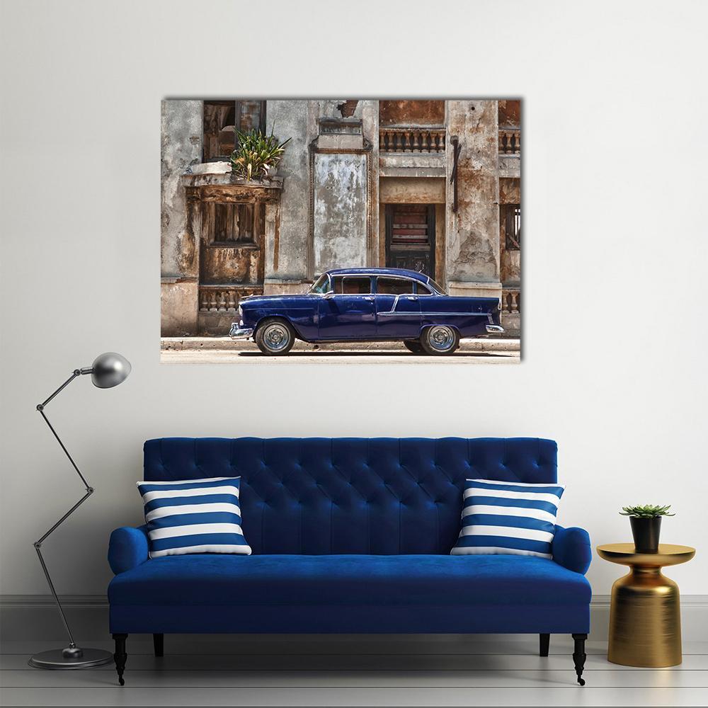 Vintage Car in Havana Canvas Wall Art in gray, brown and blue, single panel hung on a wall