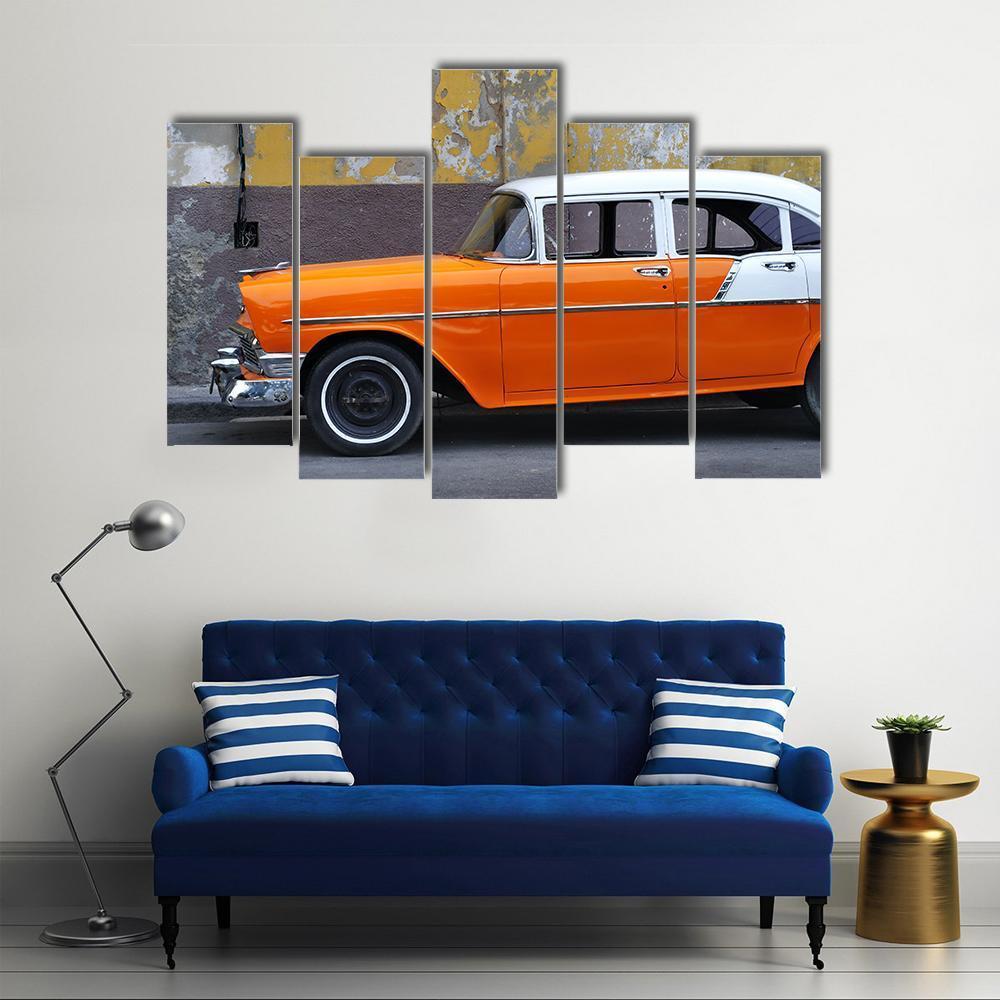 Vintage Car On The Streets Of Havana Canvas Wall Art-5 Pop-Gallery Wrap-47" x 32"-Tiaracle