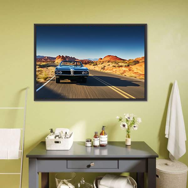 Vintage Car Through Desert Canvas Wall Art-1 Piece-Floating Frame-24" x 16"-Tiaracle
