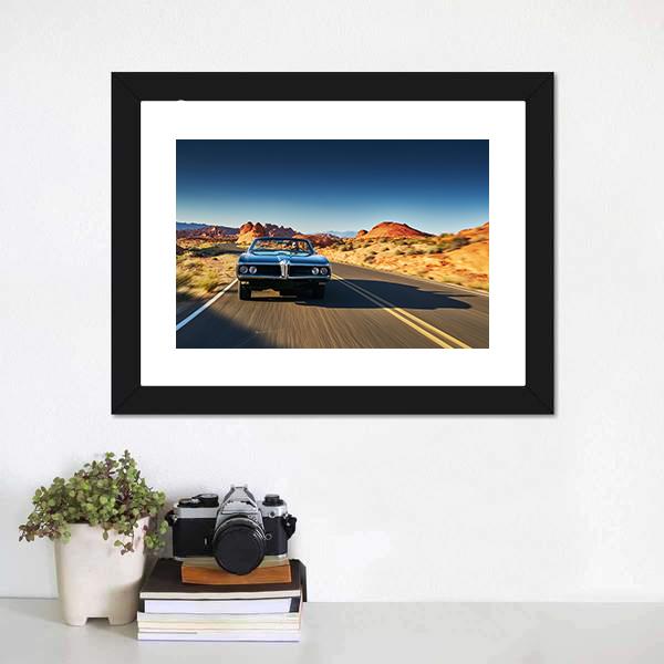 Vintage Car Through Desert Canvas Wall Art-1 Piece-Framed Print-20" x 16"-Tiaracle