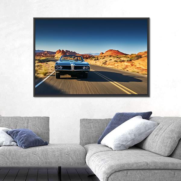 Vintage Car Through Desert Panoramic Canvas Wall Art-1 Piece-36" x 12"-Tiaracle