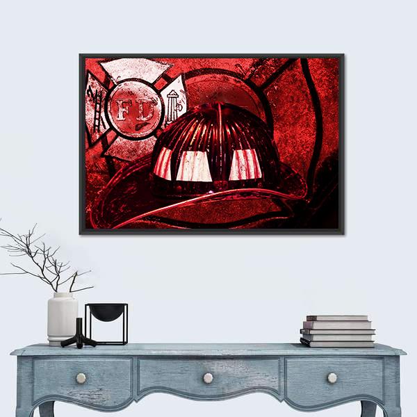 Vintage Firefighter Helmet Canvas Wall Art-1 Piece-Floating Frame-24" x 16"-Tiaracle