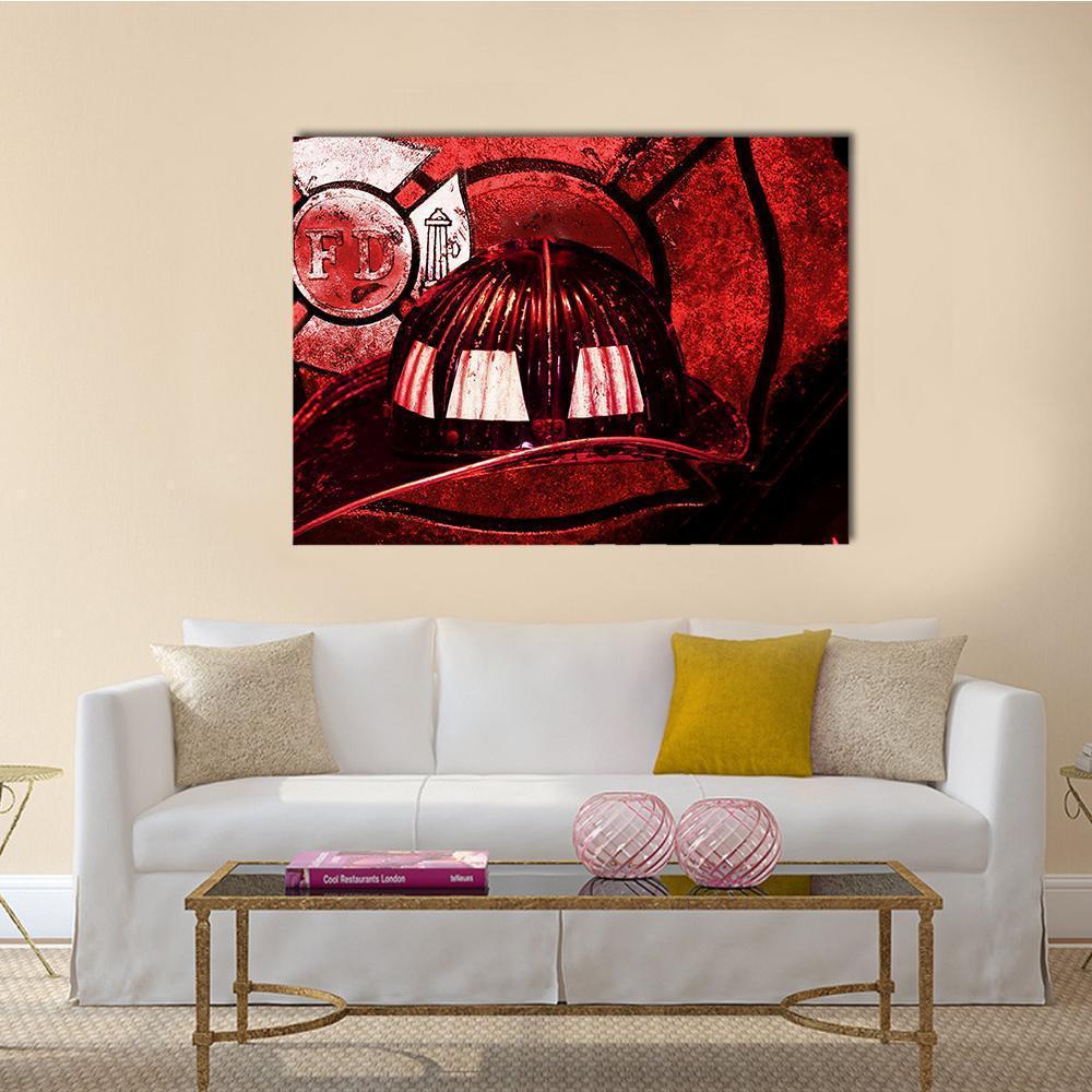 Vintage Firefighter Helmet with Fd Emblem Canvas Wall Art in black, white and red, single panel hung on a wall