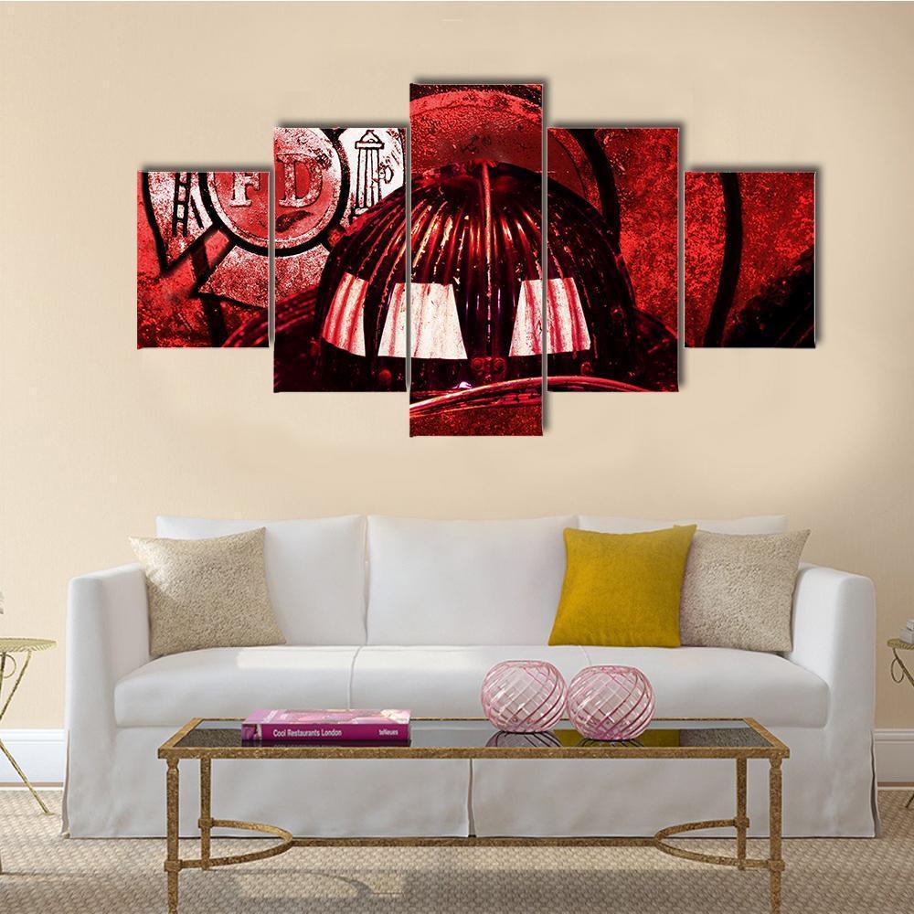Vintage Firefighter Helmet Canvas Wall Art-5 Star-Gallery Wrap-62" x 32"-Tiaracle