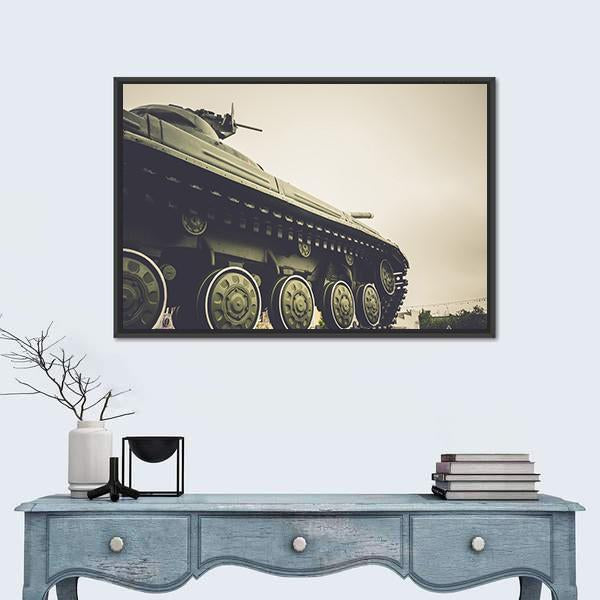 Vintage Military Tank In Fog Canvas Wall Art-1 Piece-Floating Frame-24" x 16"-Tiaracle
