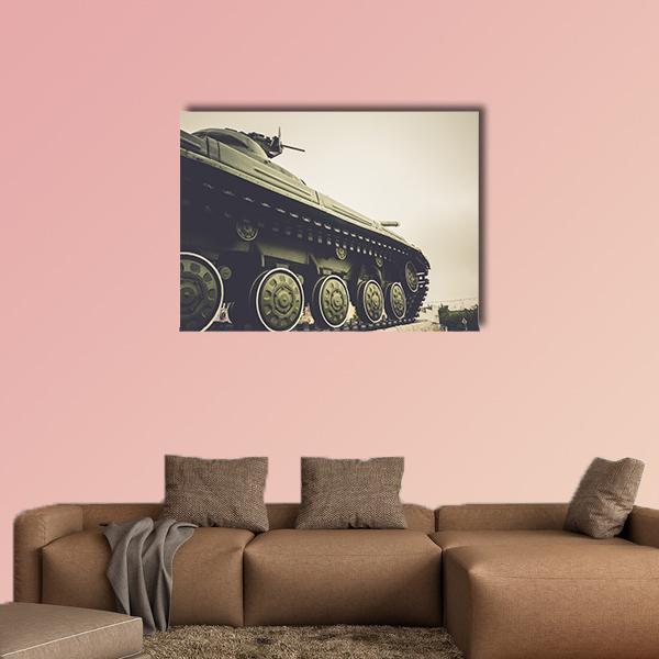 Vintage Military Tank in Fog Canvas Wall Art in gray, beige and green, single panel hung on a wall