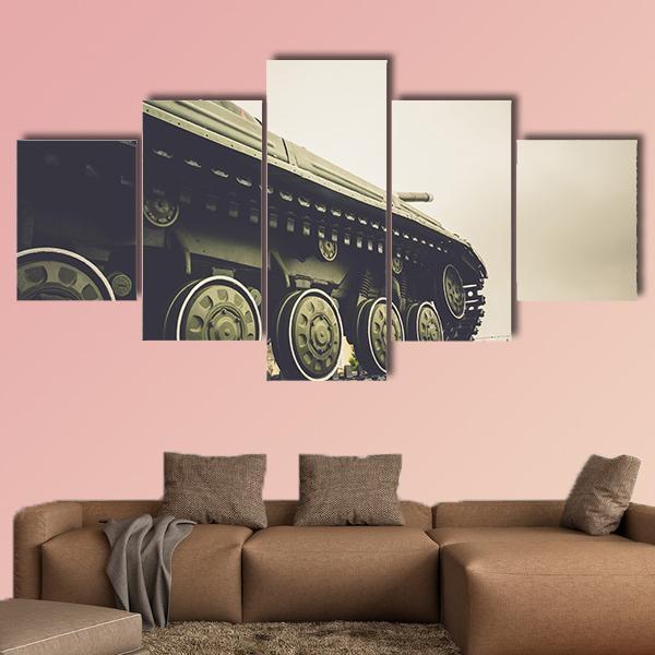 Vintage Military Tank In Fog Canvas Wall Art-5 Star-Gallery Wrap-62" x 32"-Tiaracle