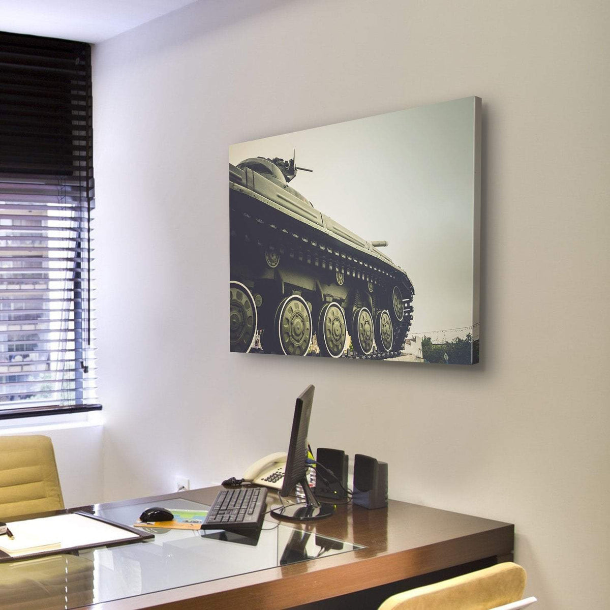 Vintage Military Tank In Fog Canvas Wall Art-3 Horizontal-Gallery Wrap-25" x 16"-Tiaracle