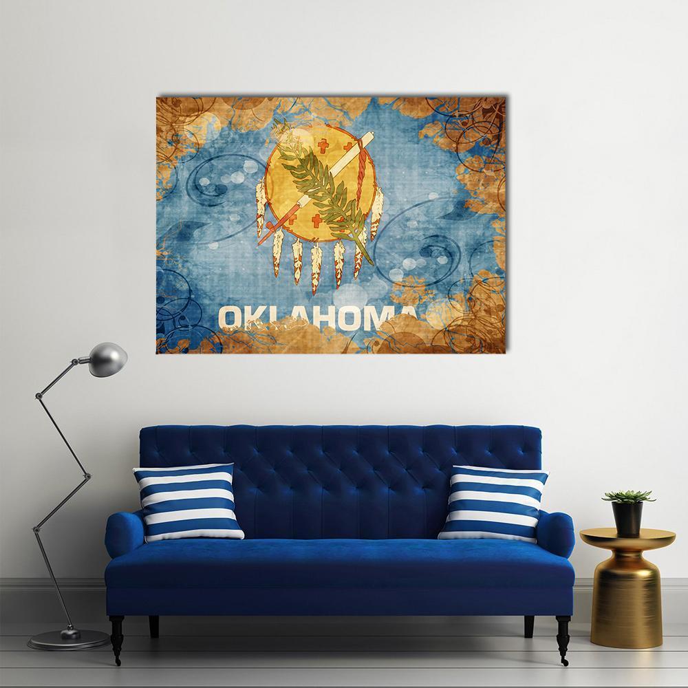 Vintage Oklahoma Flag with Distressed Border Canvas Wall Art in beige, brown and blue, single panel hung on a wall