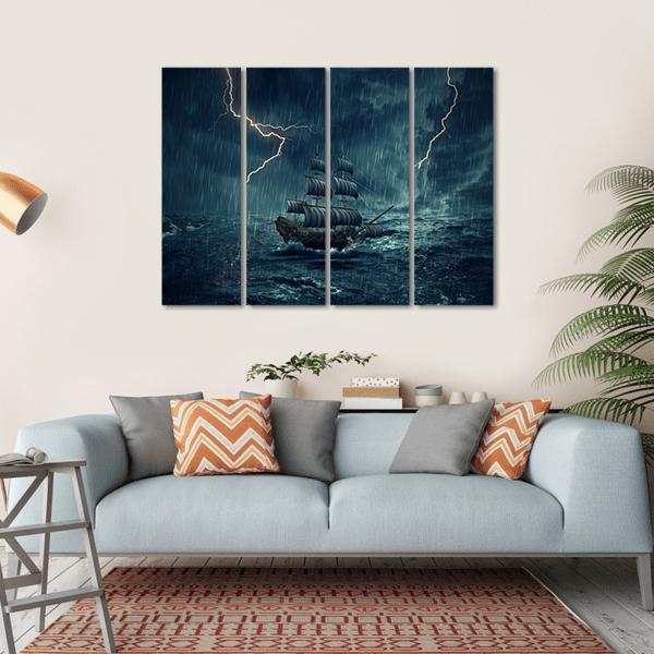 Ship In Stormy Night Canvas Wall Art-4 Horizontal-Gallery Wrap-34" x 24"-Tiaracle