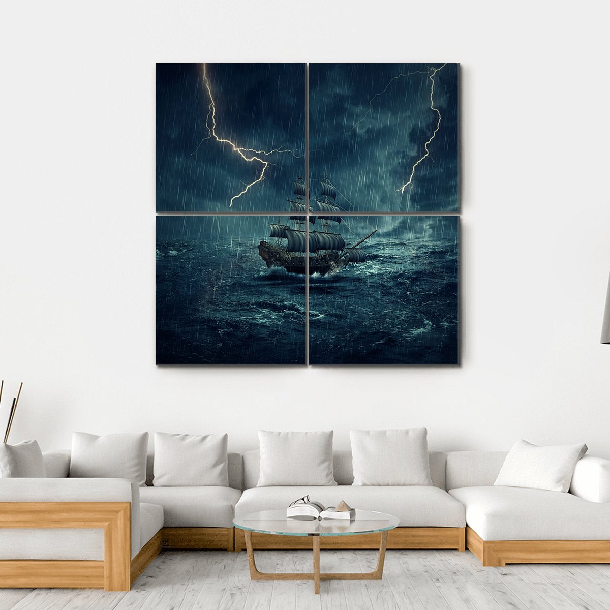 Ship In Stormy Night Canvas Wall Art-4 Square-Gallery Wrap-17" x 17"-Tiaracle
