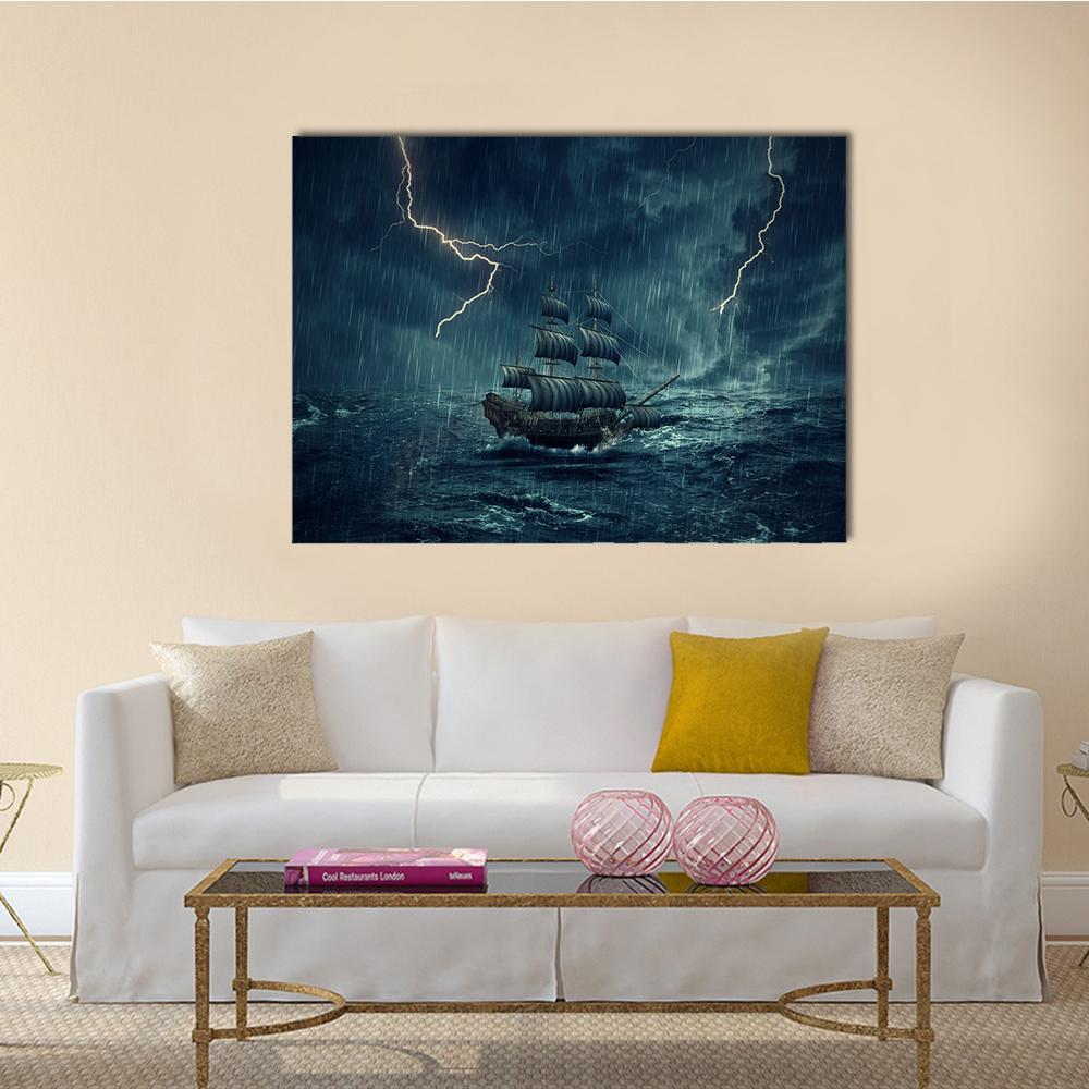 Ship In Stormy Night Canvas Wall Art-1 Piece-Gallery Wrap-48" x 32"-Tiaracle