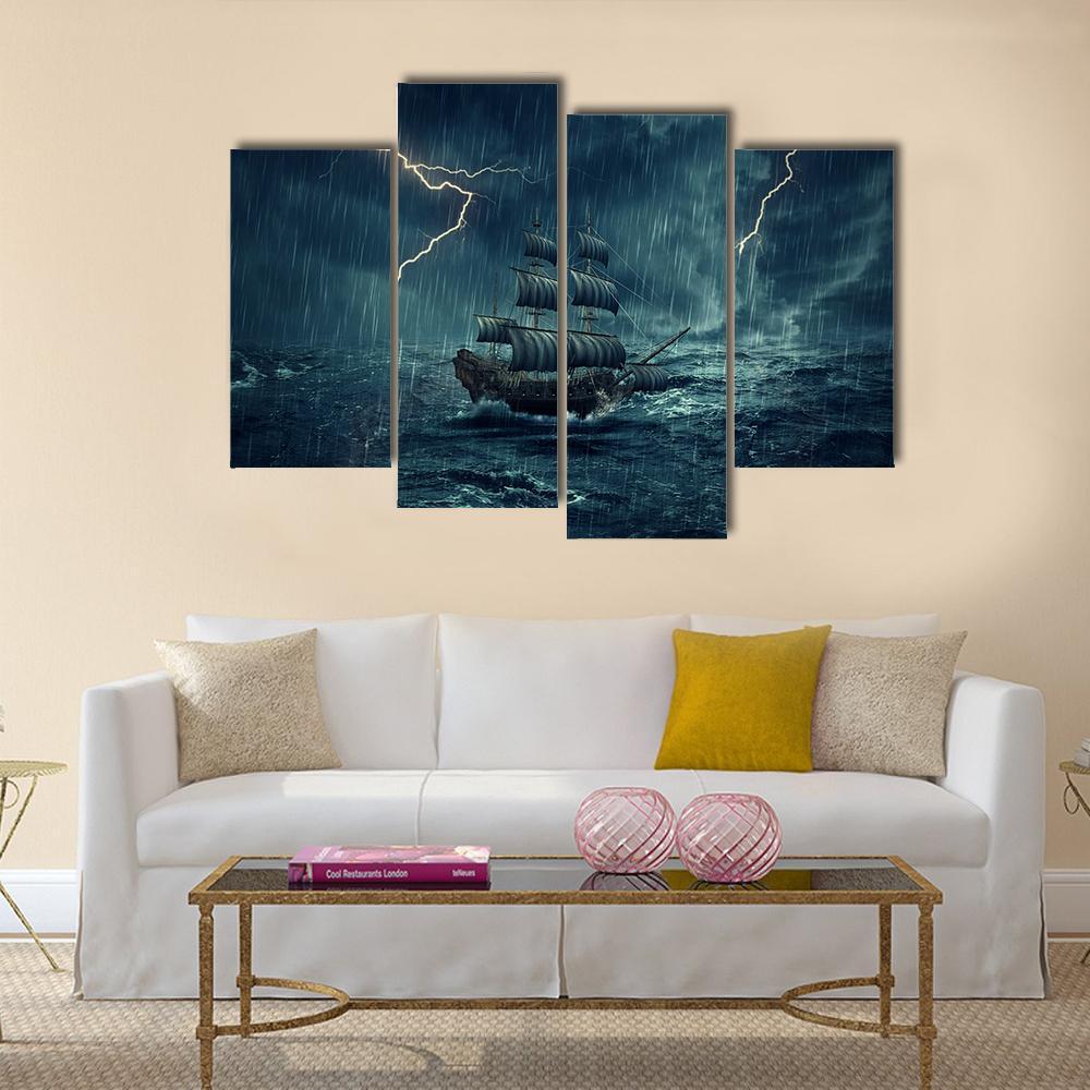 Ship In Stormy Night Canvas Wall Art-4 Pop-Gallery Wrap-50" x 32"-Tiaracle