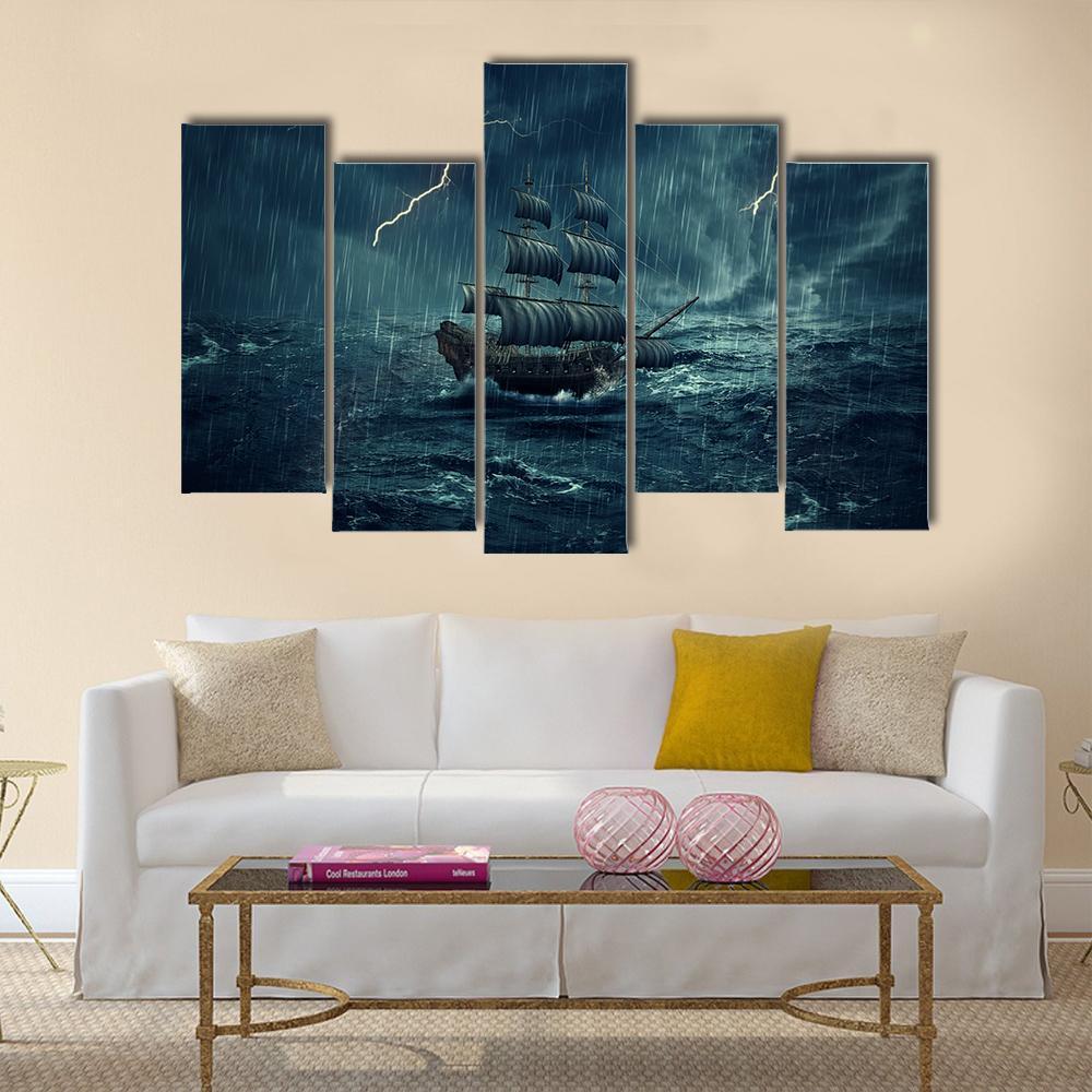 Ship In Stormy Night Canvas Wall Art-5 Pop-Gallery Wrap-47" x 32"-Tiaracle