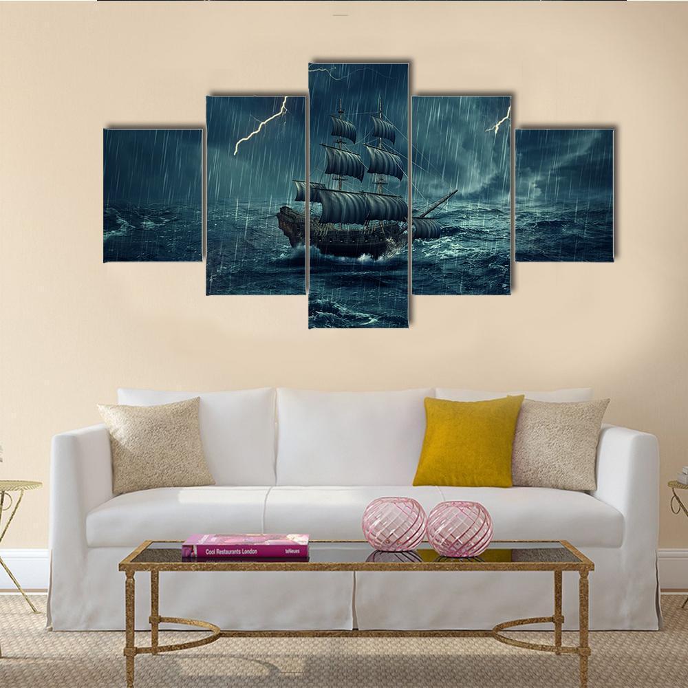 Ship In Stormy Night Canvas Wall Art-1 Piece-Gallery Wrap-48" x 32"-Tiaracle