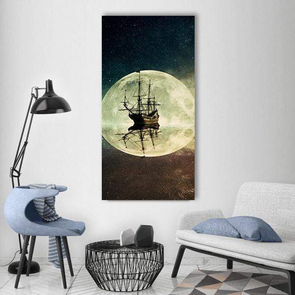Ship in Moonlight Vertical Canvas Wall Art in black, yellow and blue, single vertical panel hung on a wall