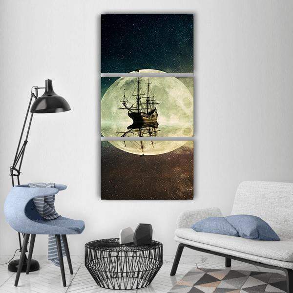 Ship In Moonlight Vertical Canvas Wall Art-3 Vertical-Gallery Wrap-12" x 25"-Tiaracle