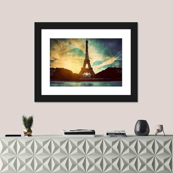 Vintage Retro Style Of Eiffel Tower Paris France Canvas Wall Art-1 Piece-Framed Print-20" x 16"-Tiaracle