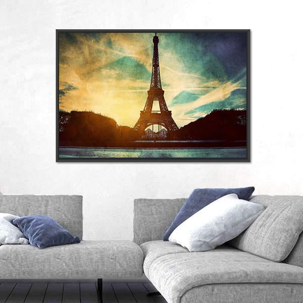 Vintage Retro Style Of Eiffel Tower Paris France Canvas Wall Art-5 Horizontal-Gallery Wrap-22" x 12"-Tiaracle