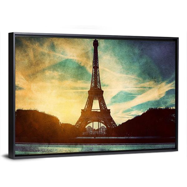 Vintage Retro Style Of Eiffel Tower Paris France Canvas Wall Art-5 Horizontal-Gallery Wrap-22" x 12"-Tiaracle