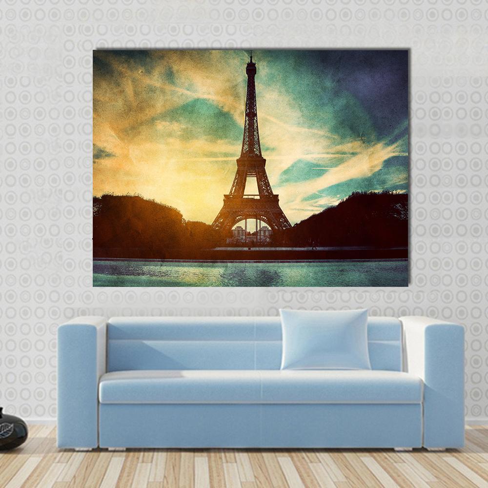 Vintage Retro Style Of Eiffel Tower Paris France Canvas Wall Art-4 Horizontal-Gallery Wrap-34" x 24"-Tiaracle