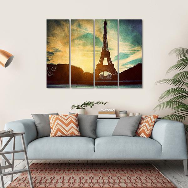 Vintage Retro Style Of Eiffel Tower Paris France Canvas Wall Art-4 Horizontal-Gallery Wrap-34" x 24"-Tiaracle