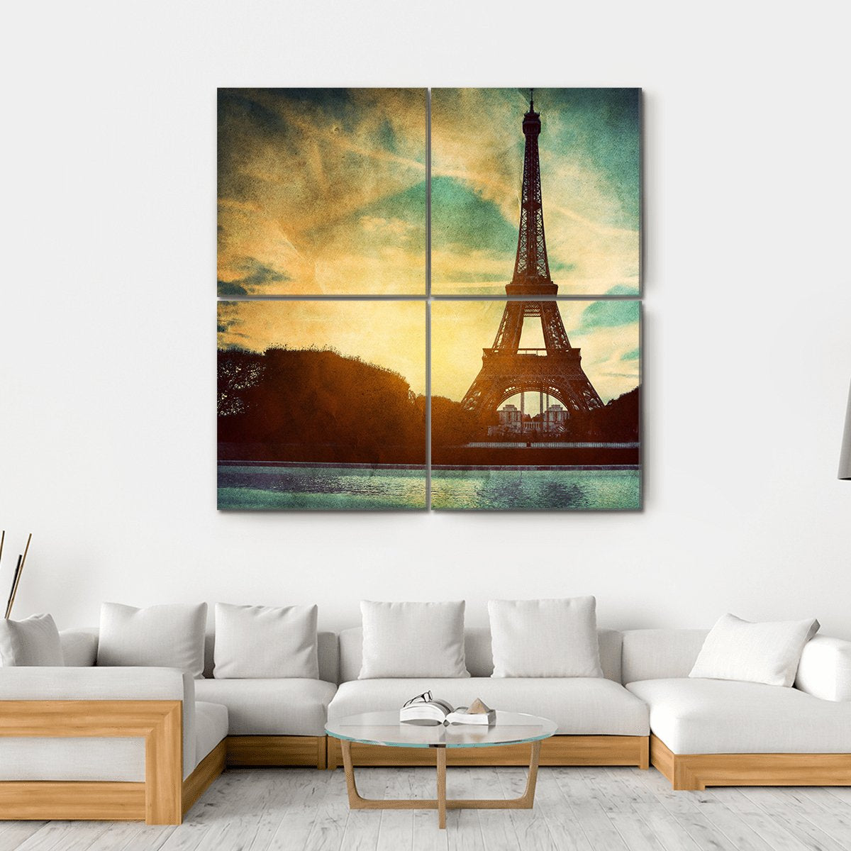 Vintage Retro Style Of Eiffel Tower Paris France Canvas Wall Art-4 Square-Gallery Wrap-17" x 17"-Tiaracle