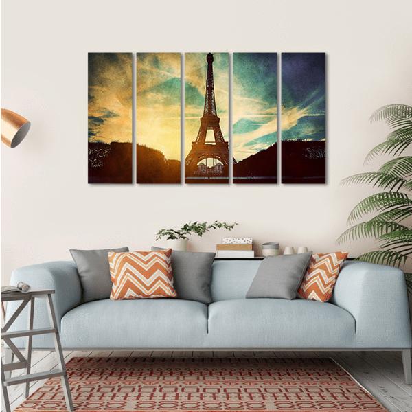 Vintage Retro Style Of Eiffel Tower Paris France Canvas Wall Art-5 Horizontal-Gallery Wrap-22" x 12"-Tiaracle