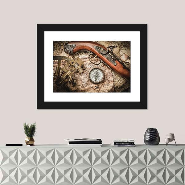 Vintage Still Life With Compass Sextant And Spyglass Canvas Wall Art-1 Piece-Framed Print-20&quot; x 16&quot;-Tiaracle