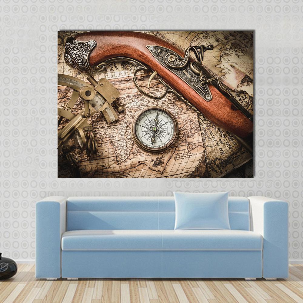 Vintage Still Life With Compass Sextant And Spyglass Canvas Wall Art-1 Piece-Gallery Wrap-36" x 24"-Tiaracle