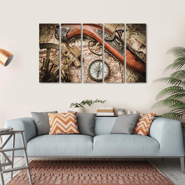 Vintage Still Life With Compass Sextant And Spyglass Canvas Wall Art-5 Horizontal-Gallery Wrap-22" x 12"-Tiaracle