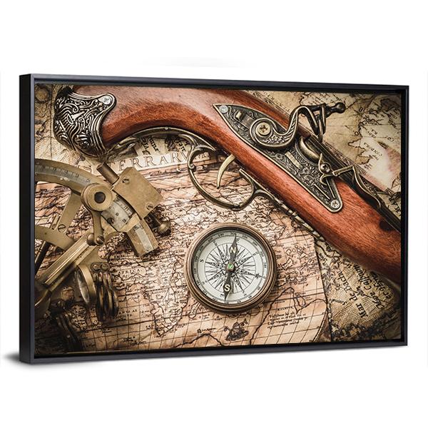 Vintage Still Life With Compass Sextant And Spyglass Canvas Wall Art-3 Horizontal-Gallery Wrap-25" x 16"-Tiaracle