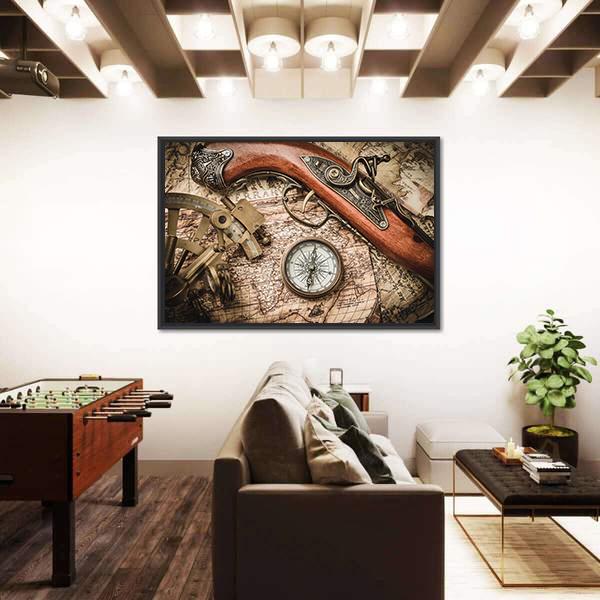 Vintage Still Life With Compass Sextant And Spyglass Canvas Wall Art-3 Horizontal-Gallery Wrap-25" x 16"-Tiaracle