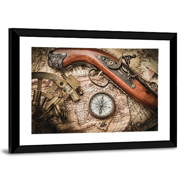 Vintage Still Life With Compass Sextant And Spyglass Canvas Wall Art-5 Horizontal-Gallery Wrap-22" x 12"-Tiaracle