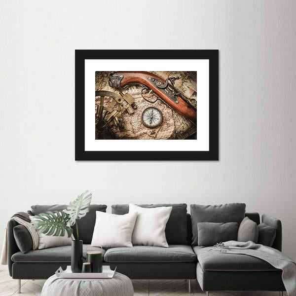 Vintage Still Life With Compass Sextant And Spyglass Canvas Wall Art-3 Horizontal-Gallery Wrap-25" x 16"-Tiaracle