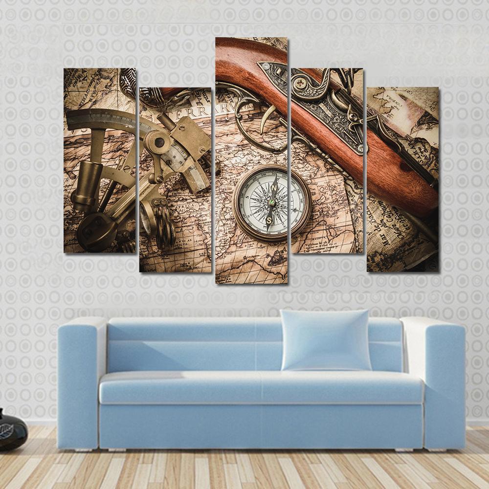 Vintage Still Life With Compass Sextant And Spyglass Canvas Wall Art-5 Pop-Gallery Wrap-47" x 32"-Tiaracle