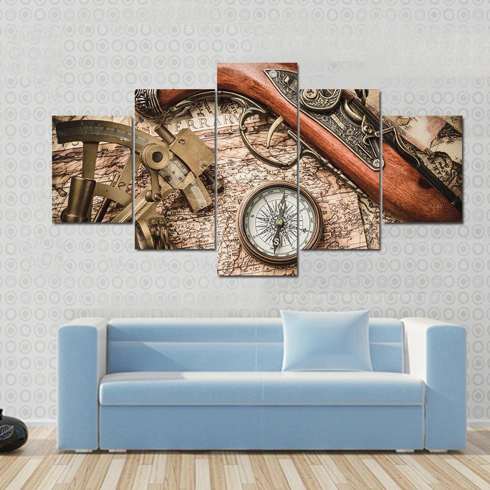 Vintage Still Life With Compass Sextant And Spyglass Canvas Wall Art-3 Horizontal-Gallery Wrap-37" x 24"-Tiaracle